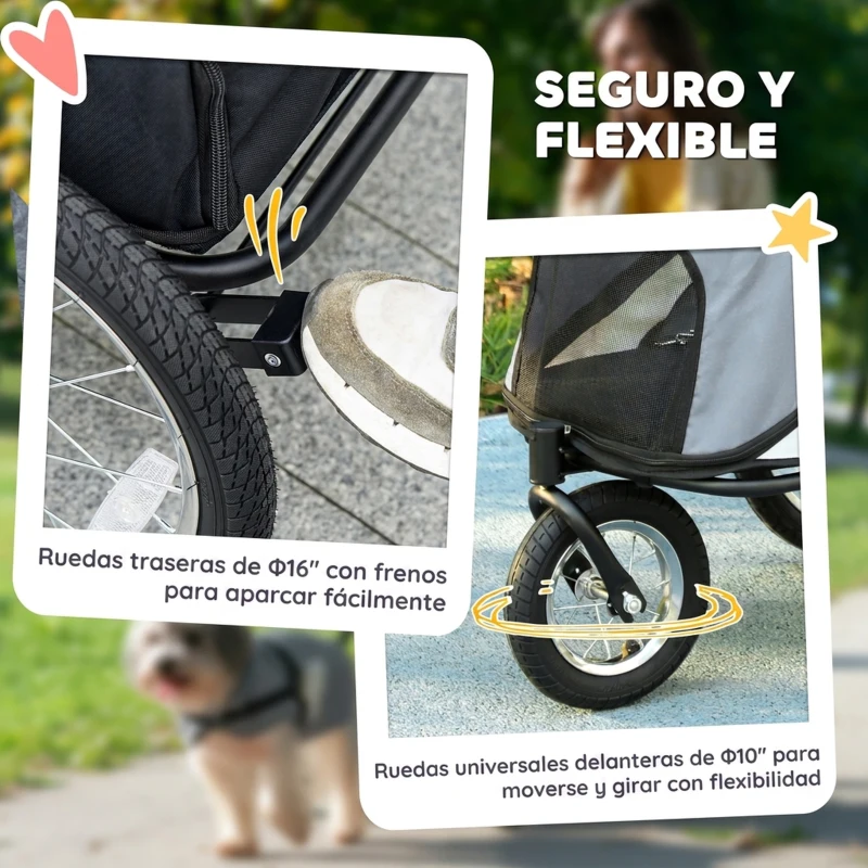 PawHut Carrito para Perros y Gatos Plegable hasta 20 kg Cochecito para Perros Medianos de 3 Ruedas de Goma y Frenos Cojín Gris
