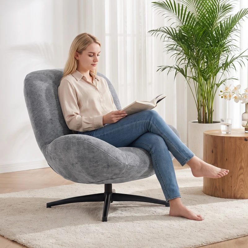 HOMCOM Fotoliu living rotativ, fotoliu lounge cu șezut lat, cotieră integrată, aspect chenille, Gri închis