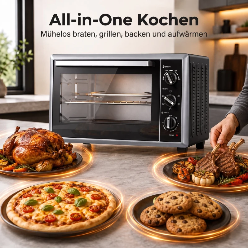 HOMCOM 46 l Mini-piekarnik z rożnem, termoobiegiem, regulacją temperatury i timerem, 1800 W, Czarny