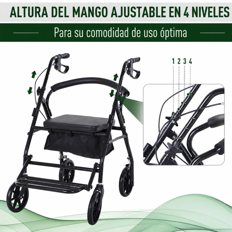 HOMCOM Andador para Ancianos Plegable con Asiento y 4 Ruedas Mango Ergonómico Ajustable en Altura Frenos de Maneta Cesta Negro