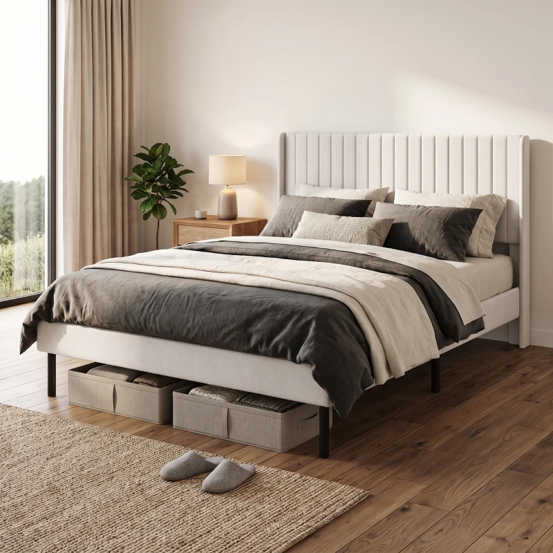 HOMCOM Armazón de cama 140 x 200 cm con cabecero ajustable, cama tapizada con 12 lamas, beige