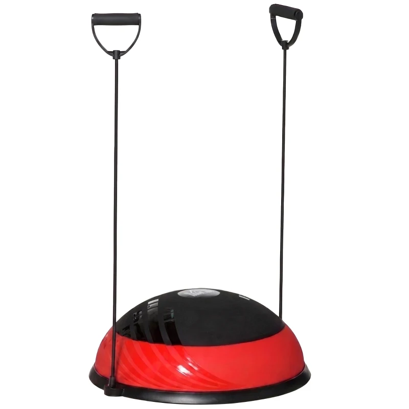 HOMCOM Bola de Equilíbrio Meia Bola de Ioga com 2 Cordas de Resistência 6 Almofadas Antiderrapantes e Inflador Carga Máxima 100kg para Exercício em Casa Academia 58x58x20cm Preto e Vermelho