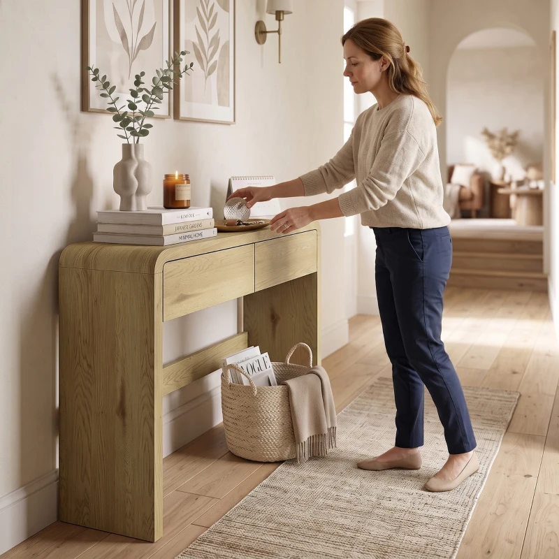 HOMCOM Mesa Consola com 2 Gavetas, Móvel Consola, 100 x 30 x 85 cm, Cantos Arredondados e Tampo Espesso, Madeira Natural