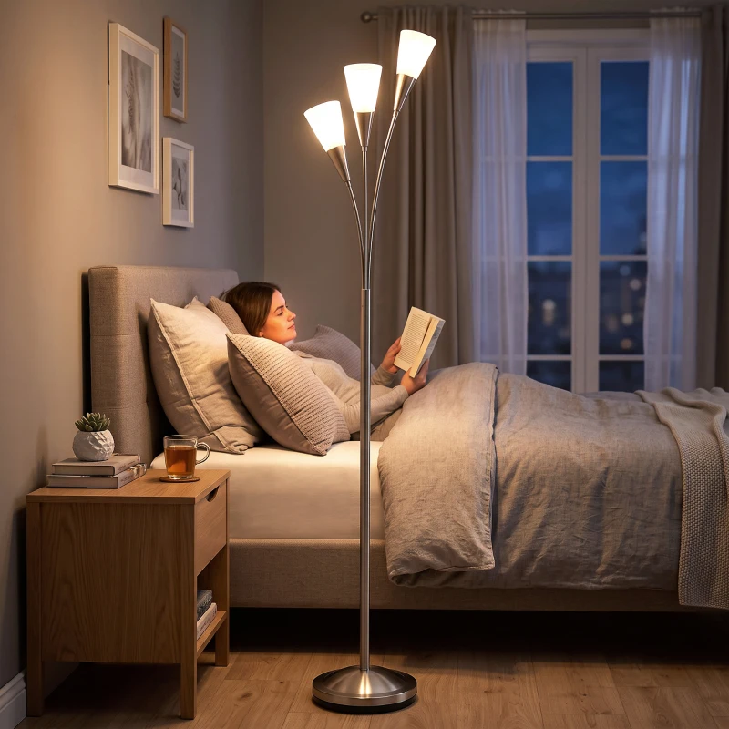 HOMCOM Lampadaire salon 40 W Lampadaire avec interrupteur au pied, 3 x douille E14 pour chambre, bureau, sans ampoule, argent