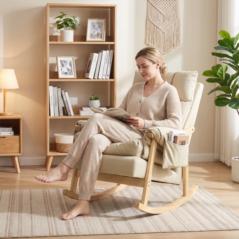 HOMCOM Silla Mecedora de Leathaire con Bolsillos Laterales Patas de Madera Acolchado Grueso para Salón Dormitorio Beige