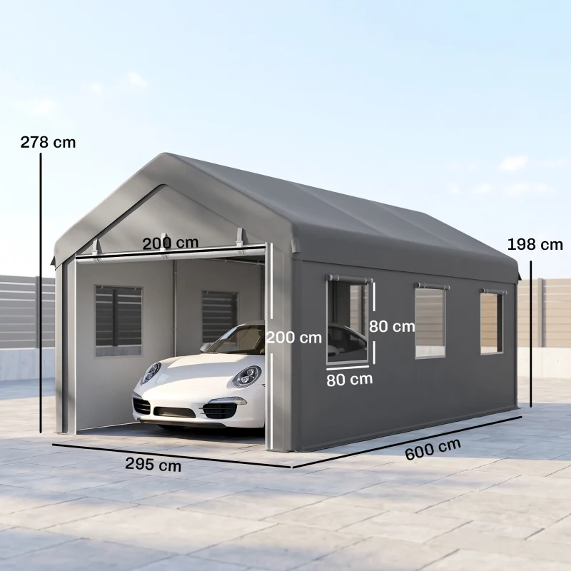 Outsunny Tente garage carport 6L x 2,95l x 2,78H m acier galvanisé PE haute densité 160 g/m²  2 portes enroulables et 6 fenêtres