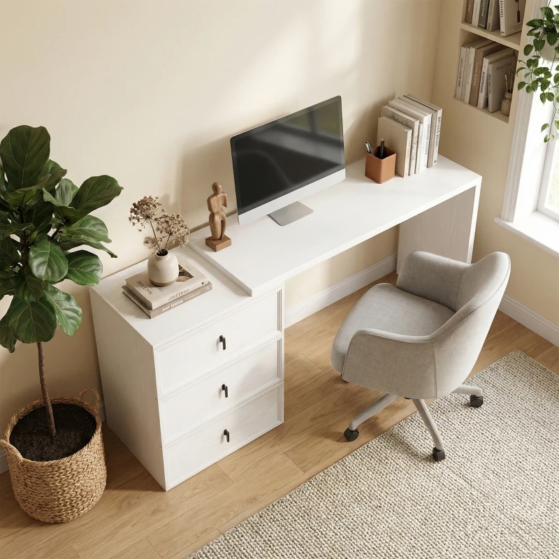 HOMCOM L Shaped Computer Desk with 3 Drawers, 163 x 39 cm Corner Desk, Thick Tabletop, Office Table, White Wood Effect