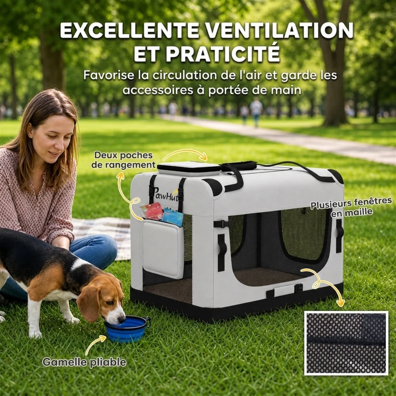 PawHut Sac de transport souple pour chien avec sangle à boucle de sécurité, coussin lavable et gamelle pliable, gris clair