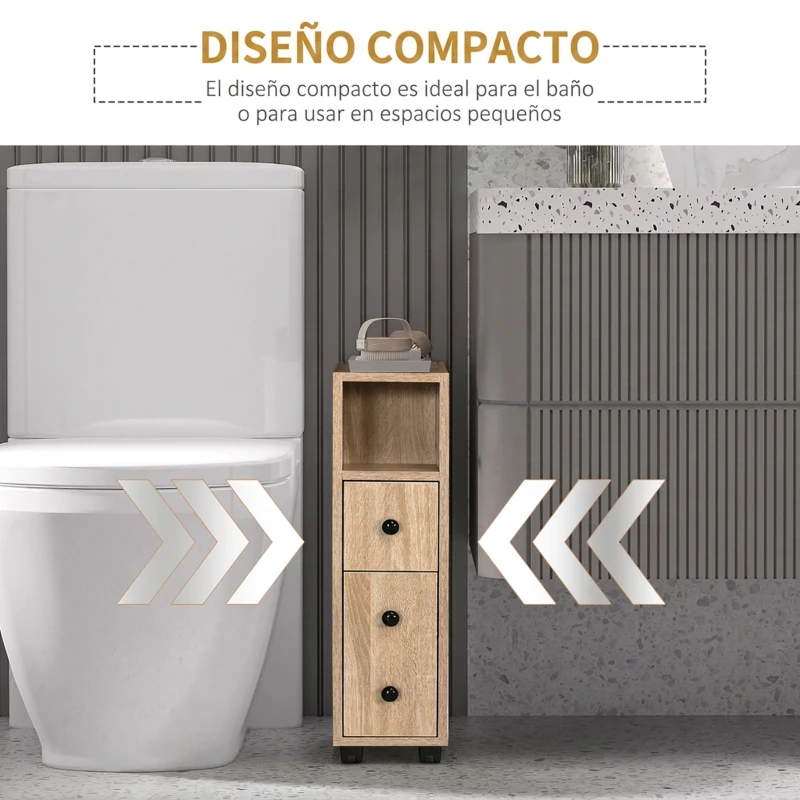 kleankin Armario de Baño con Ruedas Mueble Auxiliar para Baño con Estante Abierto Puerta y Cajón 18x30x68,5 cm Roble