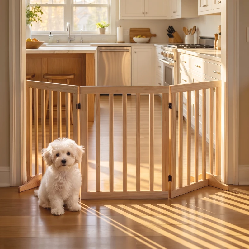 PawHut Barrière de Sécurité pour Chien Barrière Chien Sans Perçage Pliable et Autoportante 3 Panneaux 150 x 36 x 61 cm Naturel