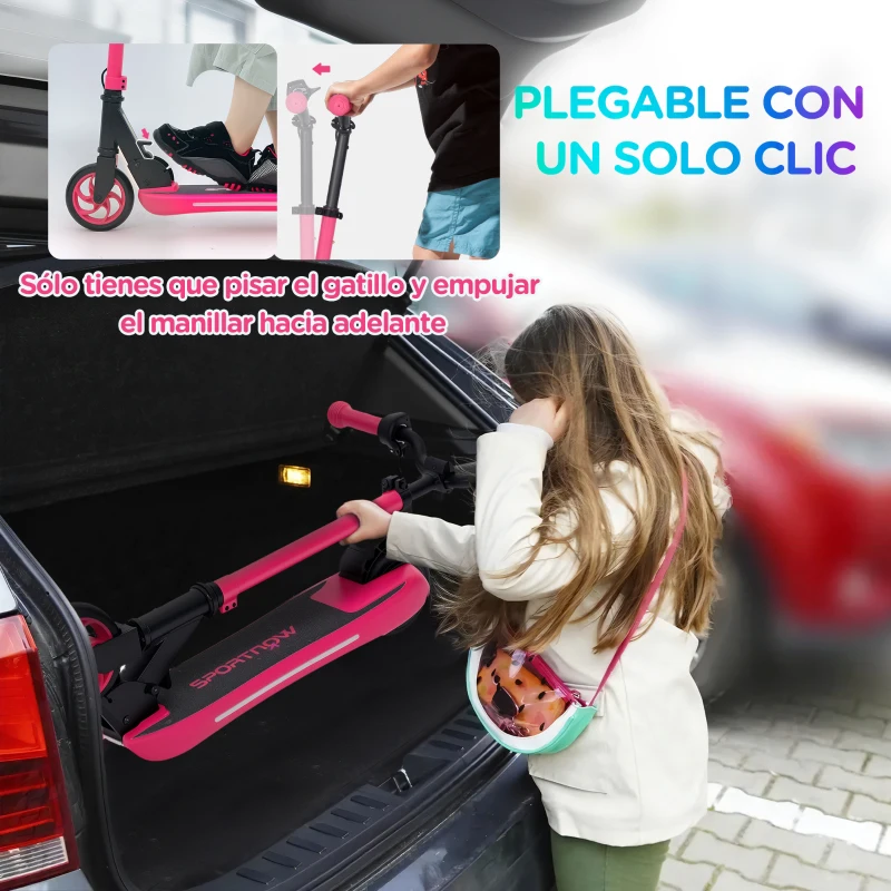 SPORTNOW Patinete Eléctrico Plegable de +6 Años Motor 120 W Autonomía 6 KM MAX 10 KM/H Ruedas de 5" - 5,5" Altura Ajustable Rosa