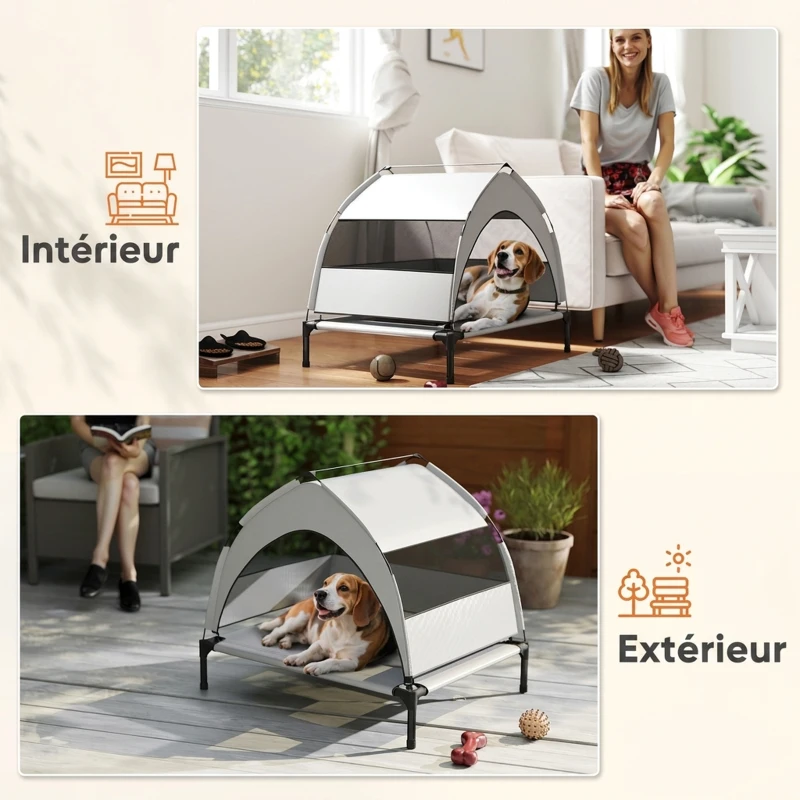 PawHut Lit pour Chien Surélevé Tente pour Chien avec Auvent Tente 3 Côtés Respirant Textilène Sac 76x61x70cm Gris Clair