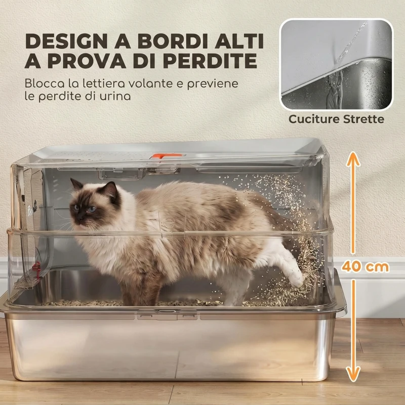 PawHut Lettiera Gatti Acciaio Inox con Coperchio, XL 90 L, Chiusa con Gradino, Paletta, Bordi Alti, Grigio Chiaro
