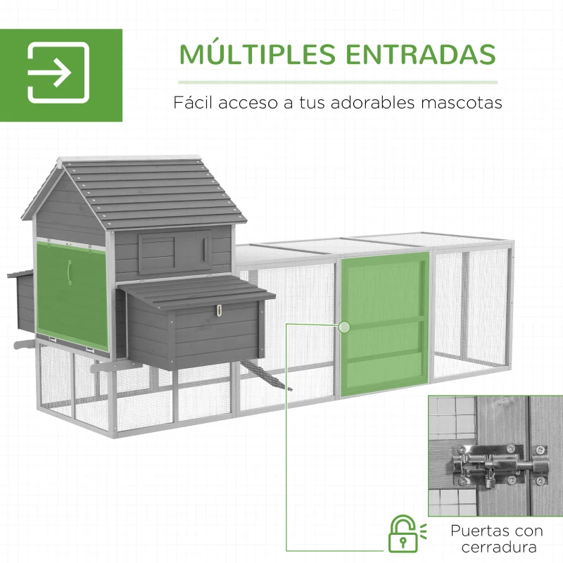 PawHut Gallinero de Madera 310,5x149,5x149cm Jaula para 4-6 Gallinas con 2 Ventanas Puertas Nido Bandeja Extraíble y Rampa Gris