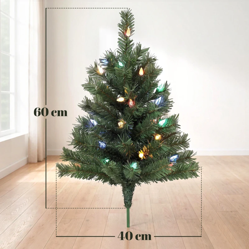 HOMCOM Árbol de Navidad iluminado 60 cm, set de 2, artificial, con 60 LED multicolor, 130 puntas de ramas, verde