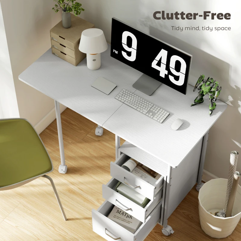 HOMCOM 105 x 51 cm Foldable Office Deskwith 3 Drawers, Extendable Top, Wheels, White