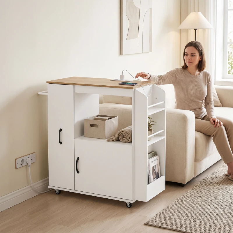 HOMCOM Küchenwagen mit Steckdose, Rollschrank, Weiß