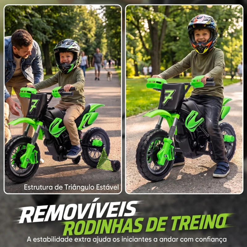 AIYAPLAY Mota Elétrica para Crianças 12V com 2 Rodas Auxiliares Amovíveis, 2 Motores, Suspensão Traseira, Música, 3 km/h, Verde