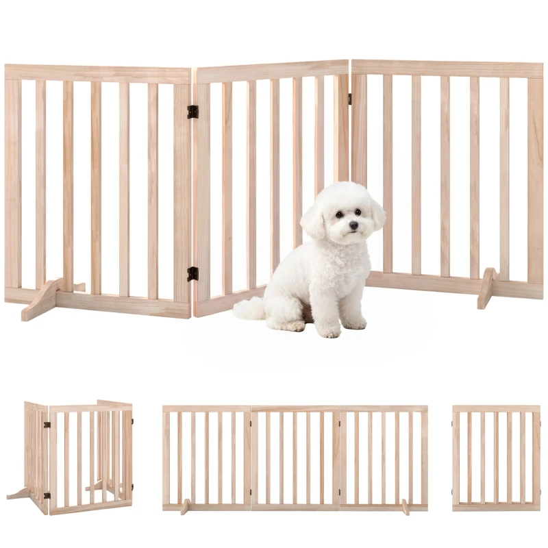 PawHut Sicherheitsgitter für Hunde Ohne Bohren Klappbar Freistehend 3 Paneele 150 x 36 x 61 cm Natur