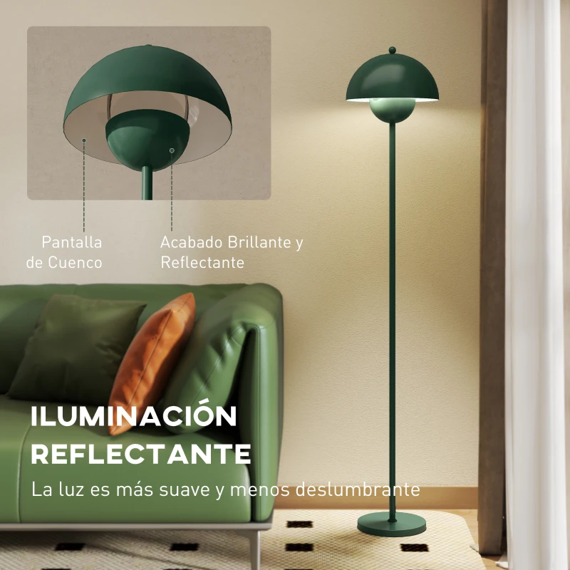 HOMCOM Lámpara de Pie para Salón Moderna con Pantalla de Cuenco Interruptor de Pie Casquillo E27 Sin Bombilla Ø30x155 cm Verde
