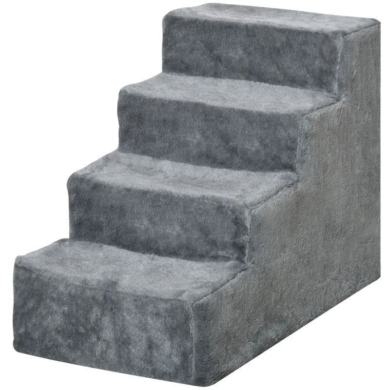 PawHut Four-Step Dog Stairs, with Washable Plush Cover, for High Bed Sofa, Dog Stairs for Small Dog and Cat - Light Grey