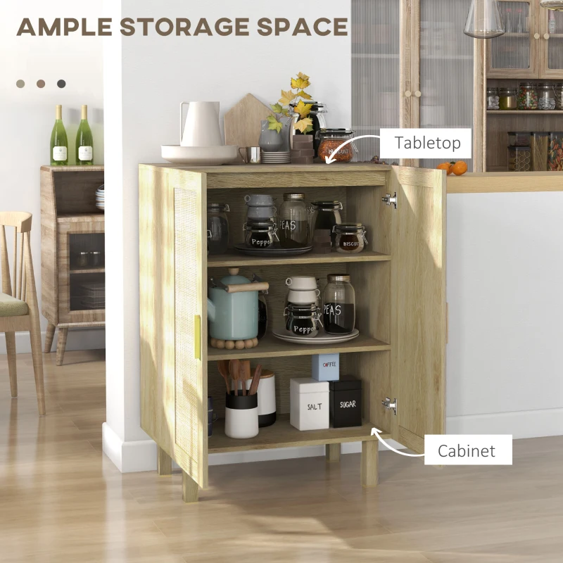 HOMCOM Sideboard Storage Cabinet, Boho Kitchen Cabinet with 2 Rattan Doors and Adjustable Shelves for Kitchen, Natural