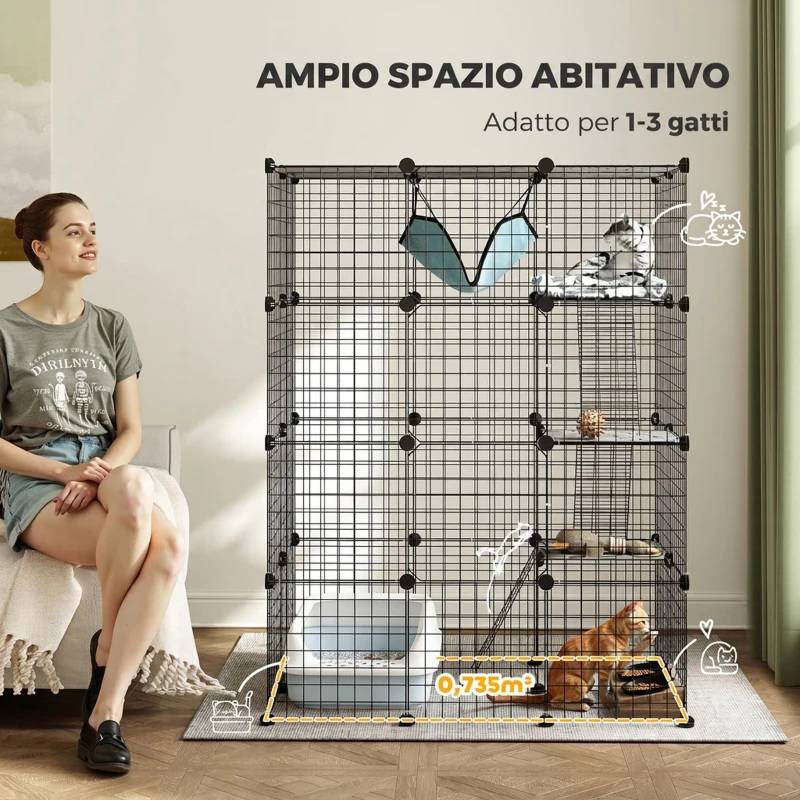 PawHut Gabbia per Gatti Grande 4 Livelli con Struttura Personalizzabile in Acciaio, Rampe, Amaca, per 1-3 Gatti, Nero