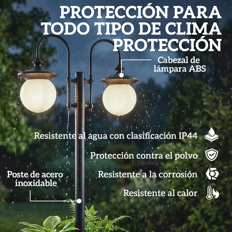 Outsunny Farola Solar Exterior de Jardín con Macetero 2 Cabezales Impermeable IP44 Encendido/Apagado Automático Altura Ajustable