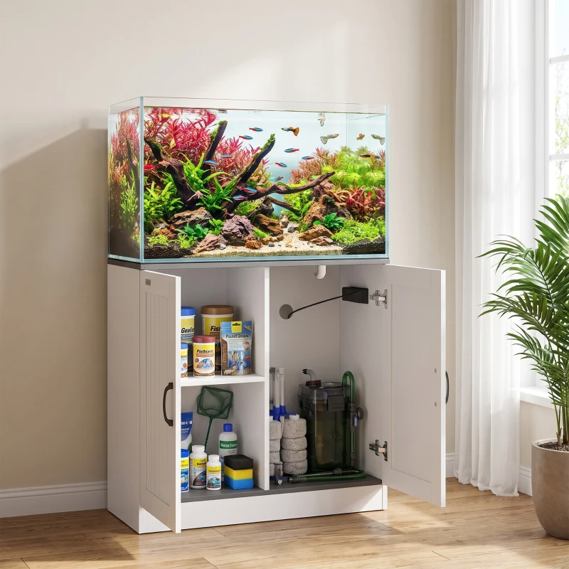 PawHut Fish Tank Stand, 20-29 Gallon Aquarium Stand with Cabinet Storage, Power Outlets and Anti-Tip Kit, White