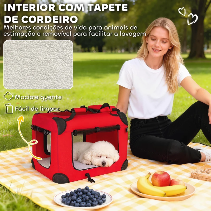 PawHut Transportadora Dobrável para Cães 60x41,5x41 cm com Janelas de Rede, Almofada Macia e 2 Alças para Mini Cães e Gatos Vermelho