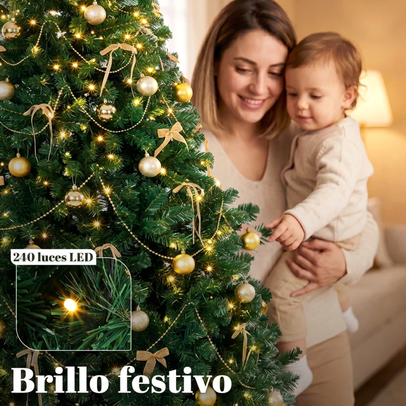 HOMCOM Árbol de Navidad Decorativo 180 cm con 240 LED 755 Ramas Ignífugas Estrella 30 Bolas 18 Lazos Decoración Dorado Verde