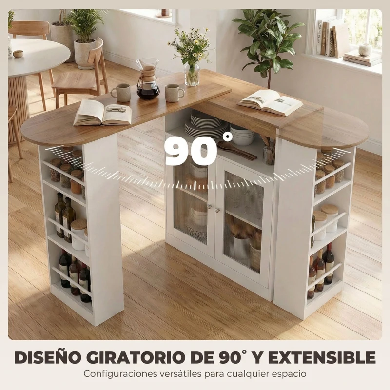 HOMCOM Mesa de Bar Extensible y Giratoria 90° con Estantes Abiertos y 2 Puertas de Vidrio 150x80x105,5 cm Blanco y Natural
