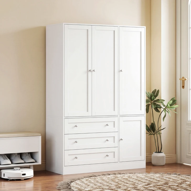 HOMCOM Guarda-roupa Quarto com 4 Portas, 3 Gavetas, Barra de Suspensão e Prateleira Regulável, 120 x 50 x 176,5 cm, Branco