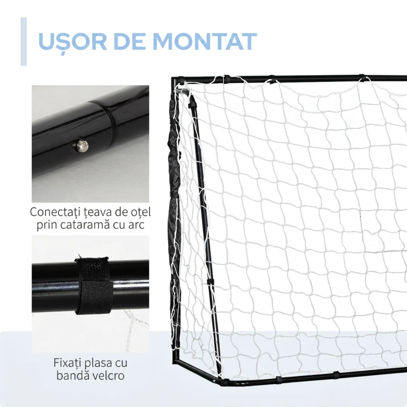 HOMCOM Poartă de Fotbal de Exterior din Metal, cu Țintă și Stâlpi din Material Oxford, 186 x 62 x 123 cm, Negru