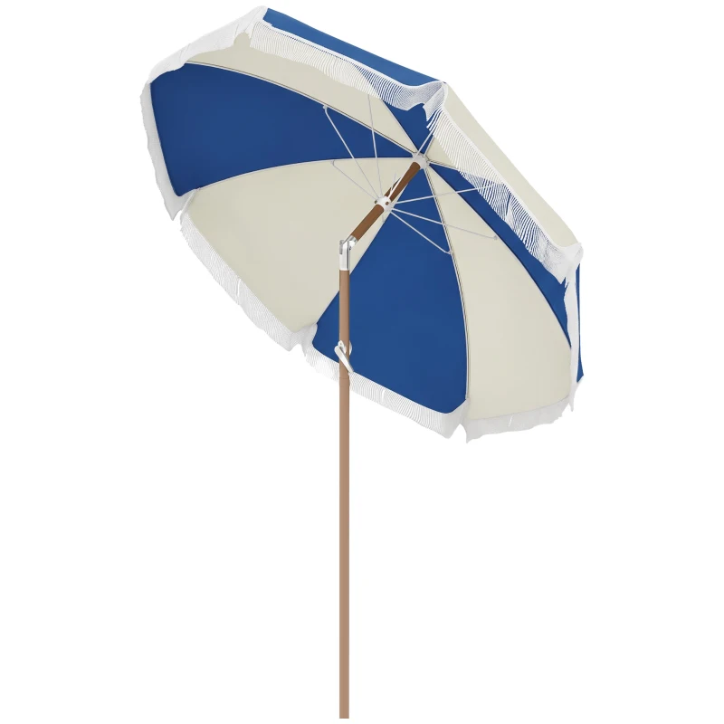 Outsunny Parasol inclinable rond Ø 225 cm avec franges polyester haute densité anti-UV mât démontable, vintage bleu et beige