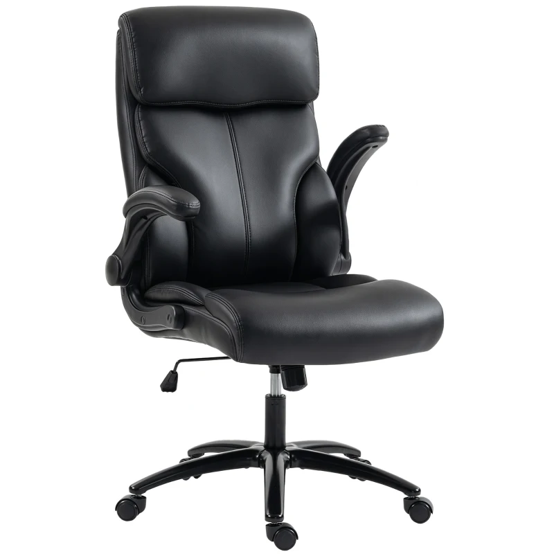 HOMCOM Chaise Bureau Ergonomique avec Accoudoirs Relevables, Fauteuil de Bureau en PU, Hauteur Réglable, Fonction Bascule, Noir