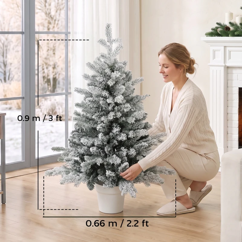 HOMCOM Mini brad de Crăciun 90 cm cu 296 vârfuri, efect zăpadă, ghiveci, mini-brad de masă pentru acasă și birou, Alb