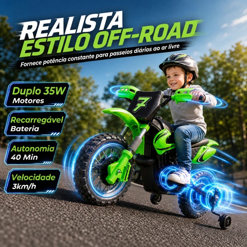 AIYAPLAY Mota Elétrica para Crianças 12V com 2 Rodas Auxiliares Amovíveis, 2 Motores, Suspensão Traseira, Música, 3 km/h, Verde