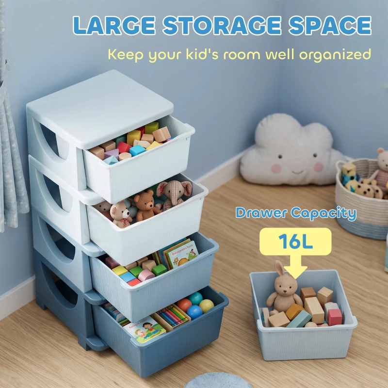 HOMCOM Four-Tier Kids Storage Boxes, with Four Drawers - Blue