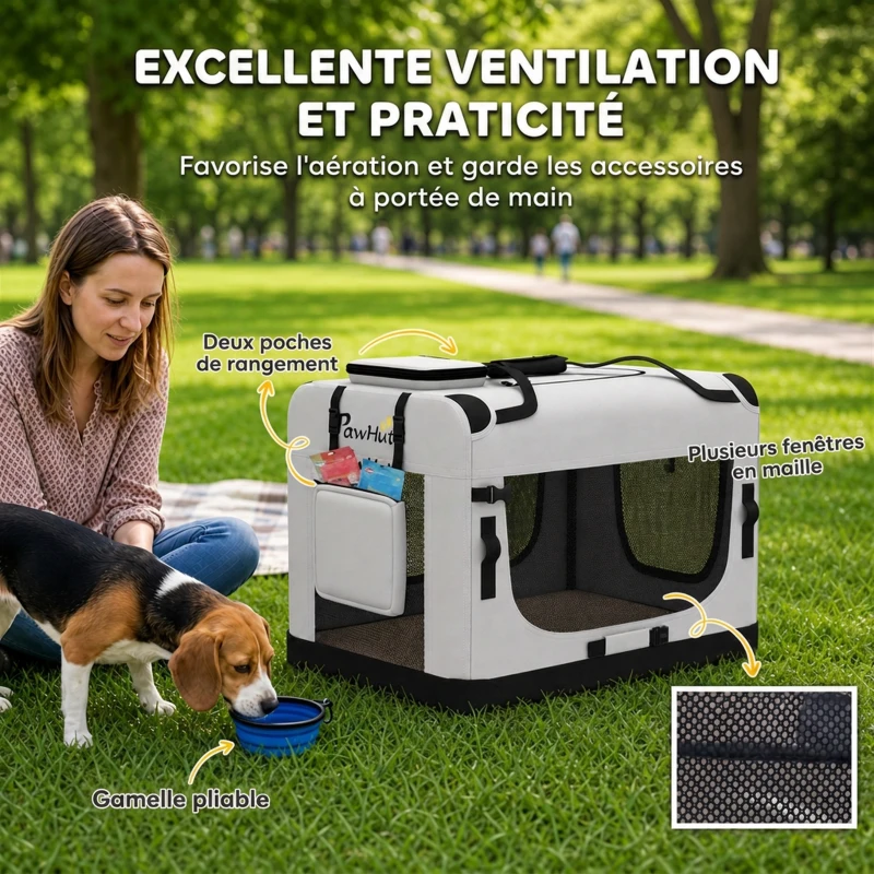 PawHut Sac de transport pour chien souple avec sangle de sécurité, coussin lavable et gamelle pliable, gris clair