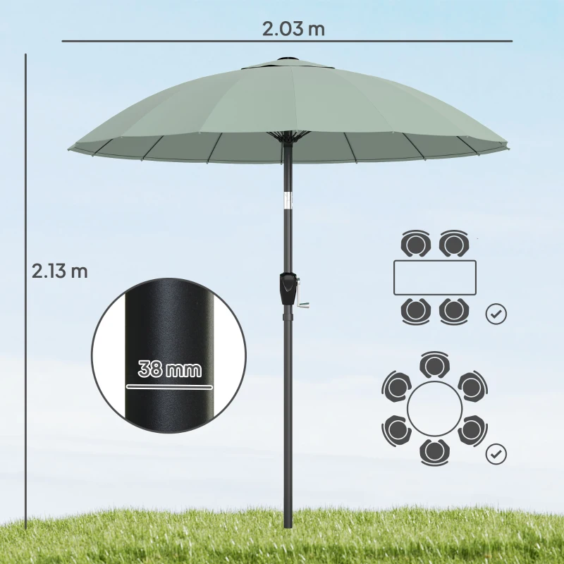 Outsunny 2 m Shanghai Garden Parasol Umbrella with 16 Fibreglass Ribs, Outdoor Parasol Sun Shade with Crank & Tilt, Turquoise
