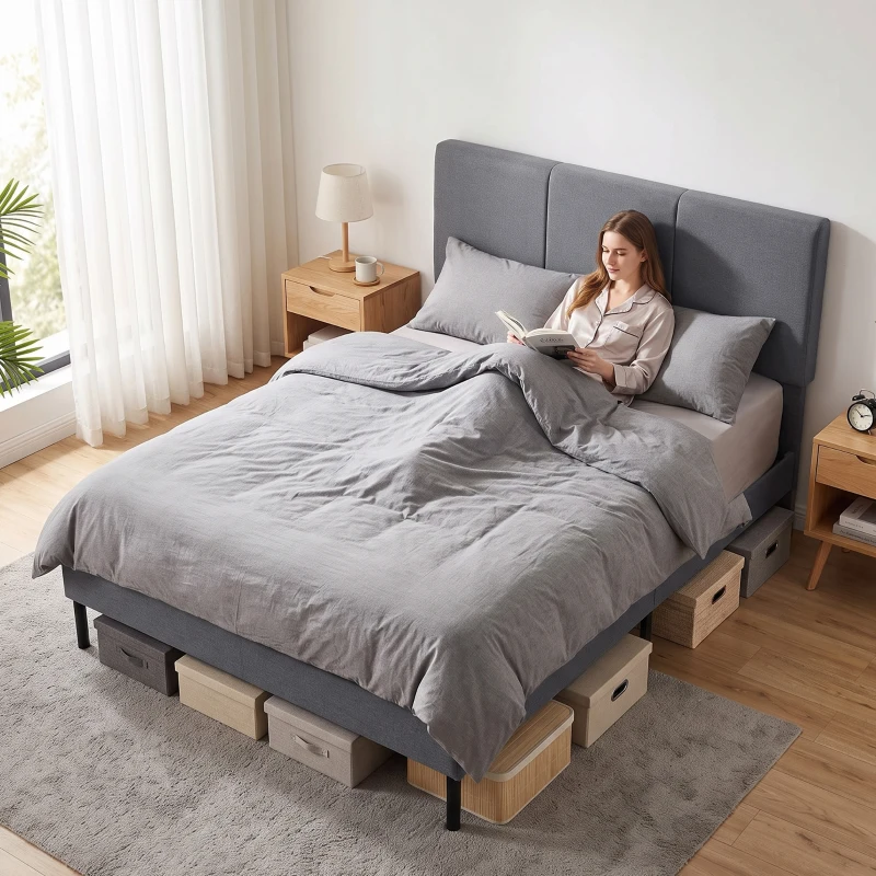 HOMCOM Armazón de cama 140 x 200 cm con cabecero ajustable, cama tapizada con aspecto de lino con 12 lamas