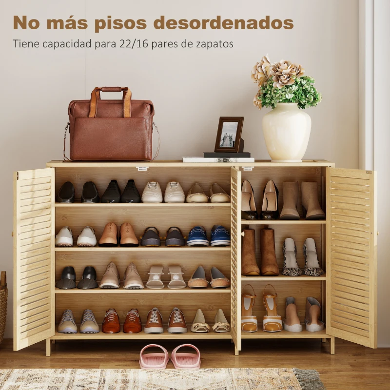 HOMCOM Zapatero de Bambú para 18 Pares con Puertas de Lamas y Estantes Ajustables Madera Natural