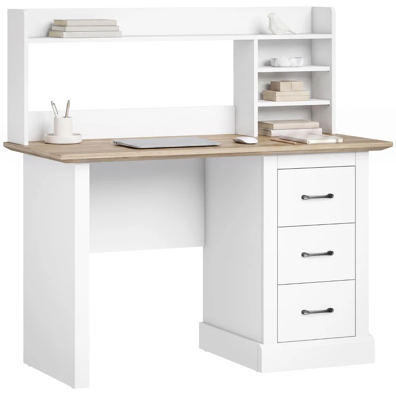 HOMCOM Escritorio para Ordenador con 3 Cajones, 120x55cm, Escritorio con Almacenamiento, Estantes Abiertos y Gran Superficie, Roble y Blanco