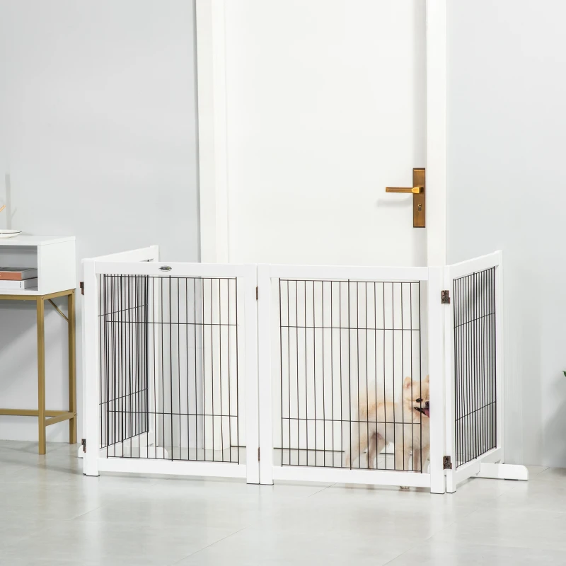 PawHut Barrera de Seguridad para Perros Plegable 264x77 cm de 4 Paneles con Patas y Marco de Madera para Puertas Escaleras