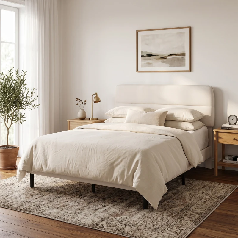 HOMCOM Cadru pat 140 x 200 cm cu tăblie reglabilă, pat tapițat cu aspect de in și 12 lamele din placaj, bej