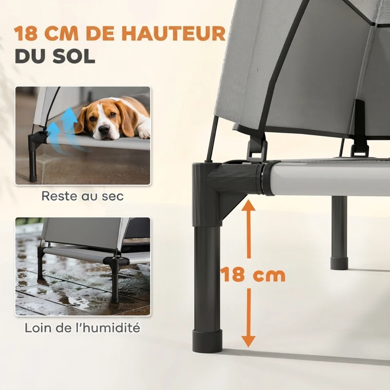 PawHut Lit pour Chien Surélevé Tente pour Chien avec Auvent Tente 3 Côtés Respirant Textilène Sac 76x61x70cm Gris Clair