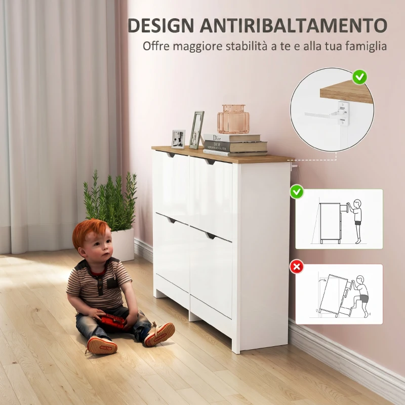 HOMCOM Scarpiera Moderna per 16 Paia Max con 4 Cassetti Regolabili e Rimovibili, in Legno, 105x26x80 cm, Bianco