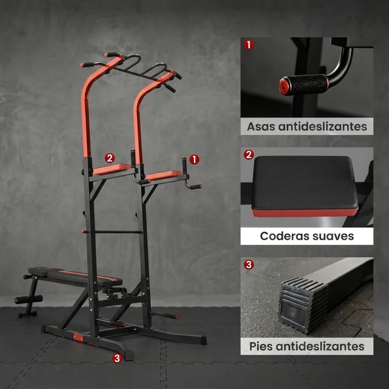 HOMCOM Estación de Musculación Torre de Entrenamiento con Altura Ajustable y Respaldo Regulable en 5 Posiciones Barra de Dominadas Fitness Flexiones Acero 108x178x202-238 cm Negro
