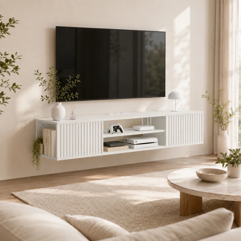 HOMCOM Móvel de TV Suspenso Móvel para TV até 165,1 cm com Prateleira Ajustável Luzes LED RGB Tomadas de Corrente Branco
